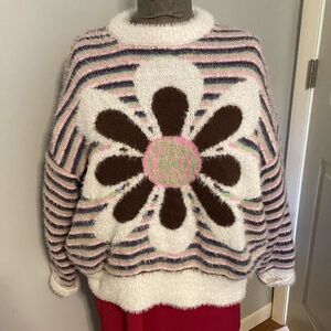 Forever 21 Floral Striped Fuzzy DaisySweater